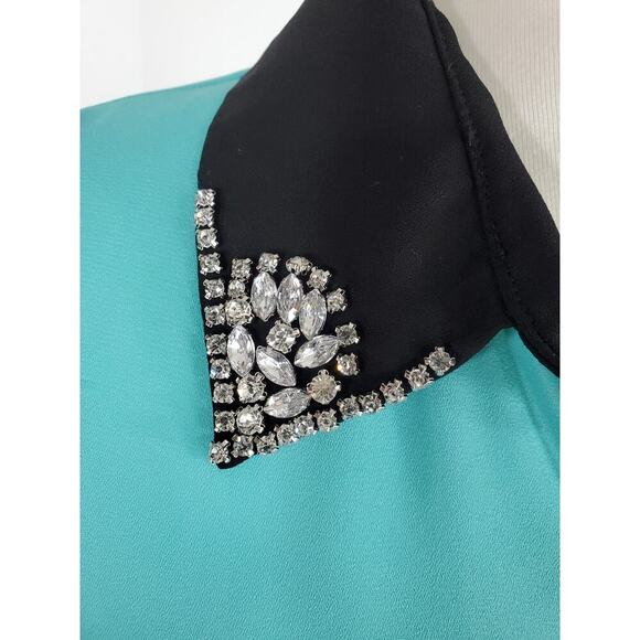 SOPRANO Women's Teal & Black Sleeveless Button Up Sheer Top w/ Rhinestones Sz M - Picture 6 of 10